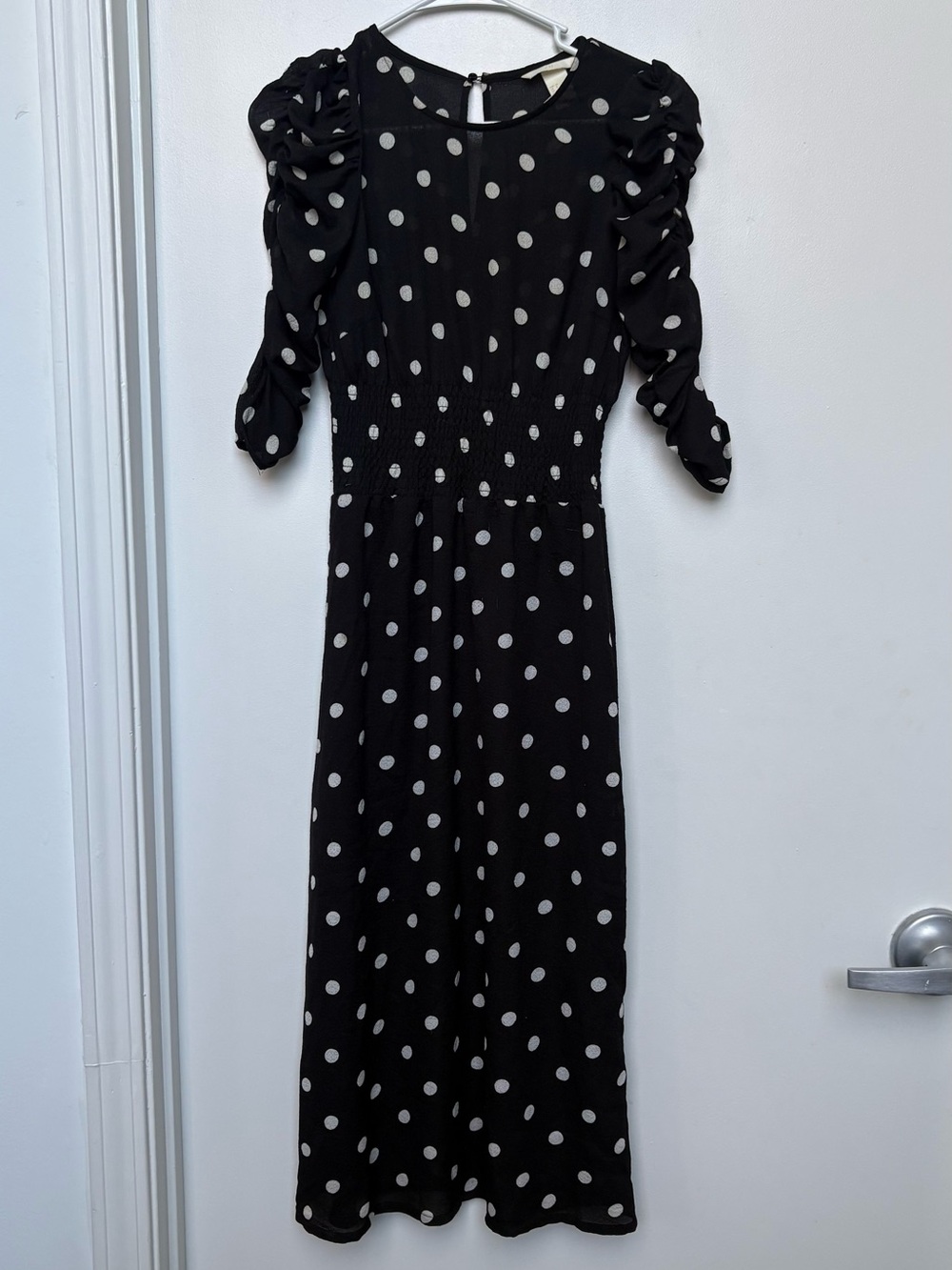 H&M Black Polka Dot Midi Dress - Classic Puff Sleeve